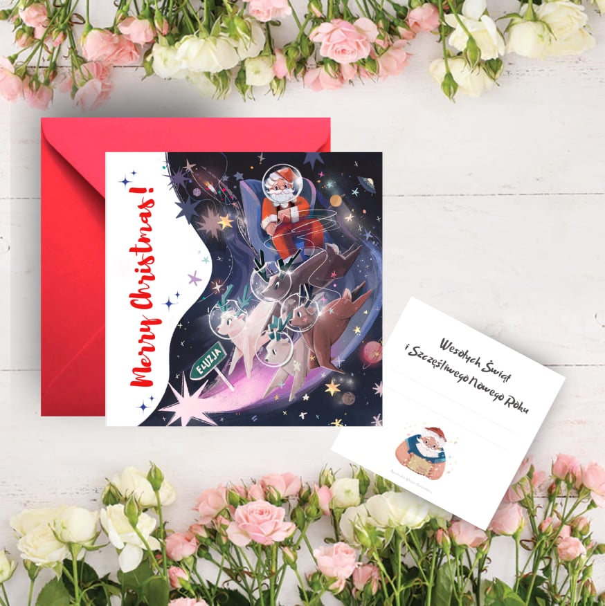 Kartka świąteczna, Mikołaj i renifery (Wzór 5)